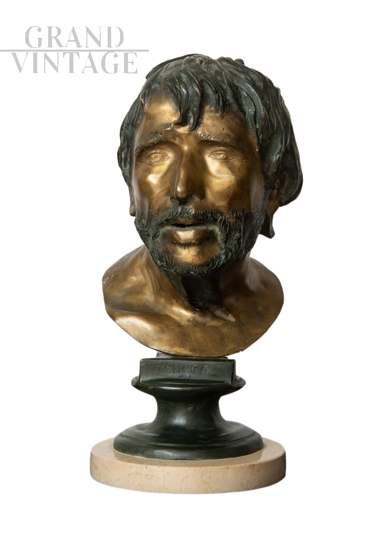 Scultura antica in bronzo raffigurante testa del filosofo Seneca, Napoli '900                            