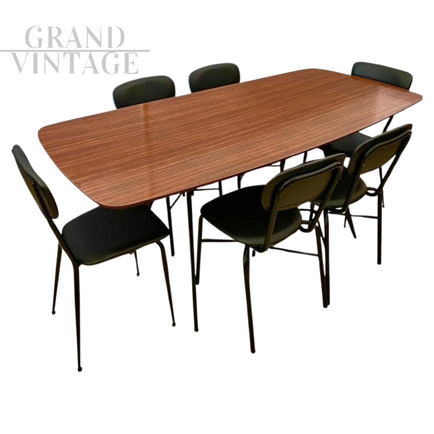 Set da pranzo vintage anni '60 con un grande tavolo e 6 sedie in skai                            