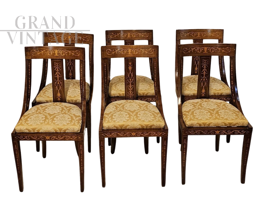 Set di 6 sedie a gondola antiche intarsiate                            