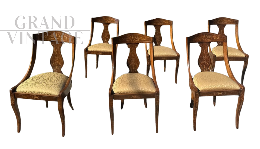 Set 6 sedie palladiane in noce con intarsi neoclassici