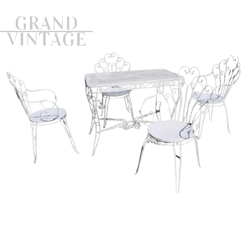 Set da giardino vintage con tavolo e sedie in ferro bianco, anni '70                            