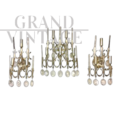 Set di 3 applique Gaetano Sciolari in nichel e cristallo, anni '60