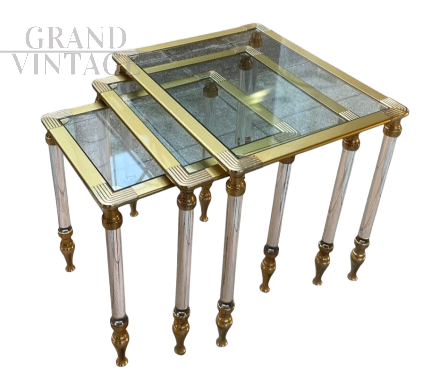 Set di 3 tavolini a nido in vetro e ottone