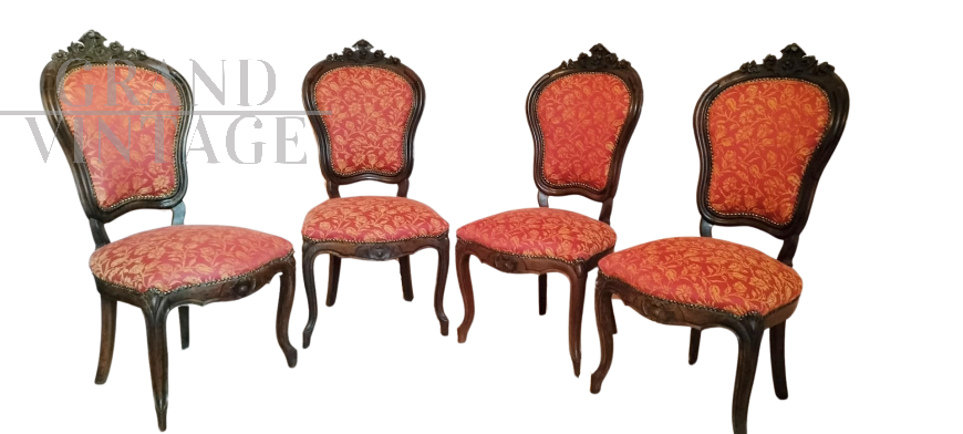 Set di 4 sedie antiche Luigi Filippo imbottite in noce scolpito                            