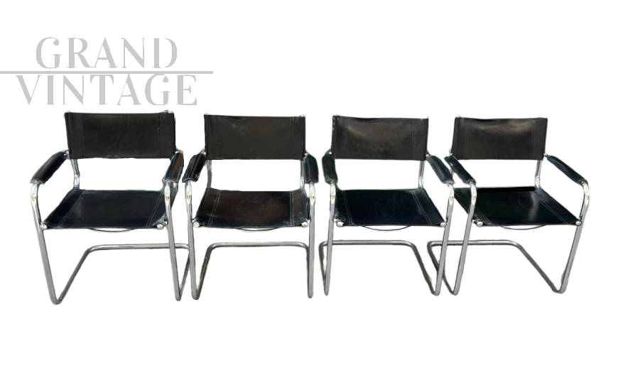 Set di 4 sedie cantilever in acciaio e pelle nera in stile Mart Stam                            