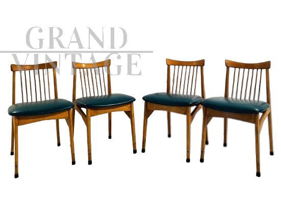 Set di 4 sedie da pranzo vintage in faggio e skai verde, anni '60                            