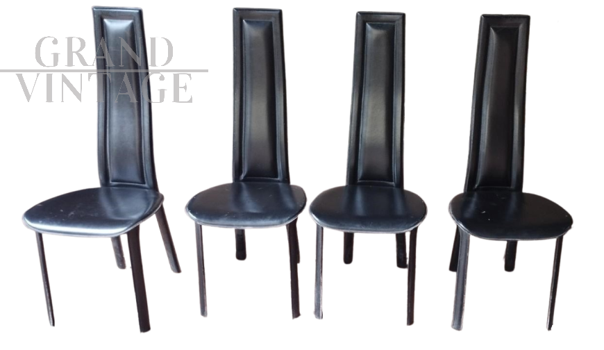 Set di 4 sedie in pelle nera design stile Elena B per Quia, anni '70  '80                            