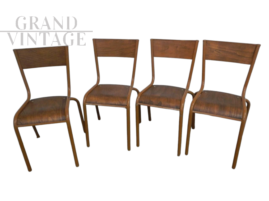 Set di 4 sedie Mullca marroni impilabili con seduta in legno scuro, anni '60                            