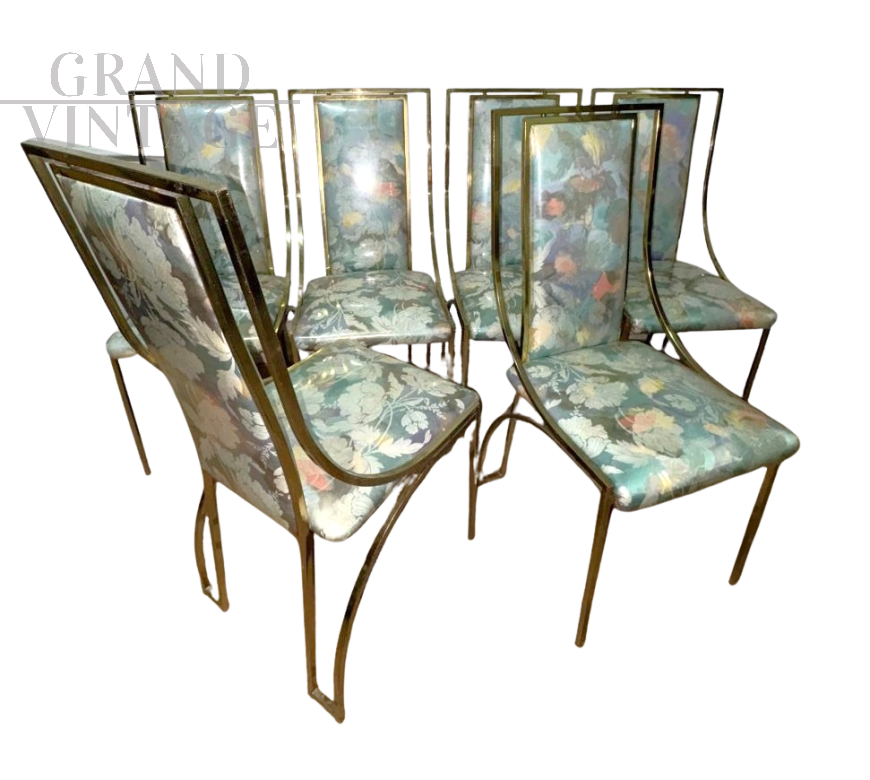 Set di 6 sedie in stile Romeo Rega in ottone e tessuto floreale                            
