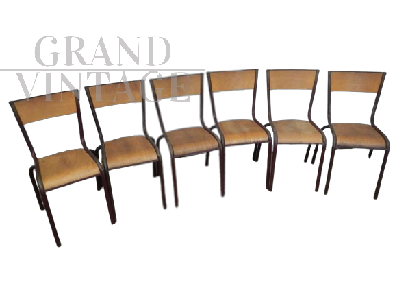 Set di 6 sedie Mullca bordeaux impilabili con seduta in legno chiaro, anni '60                             