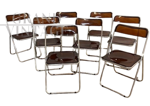 Set di 6 sedie pieghevoli anni '70 in metallo e plexiglass fumé                            