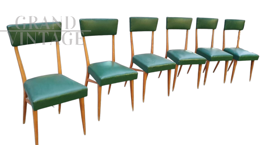 Set di 6 sedie vintage modernariato in skai verde, anni '50                            