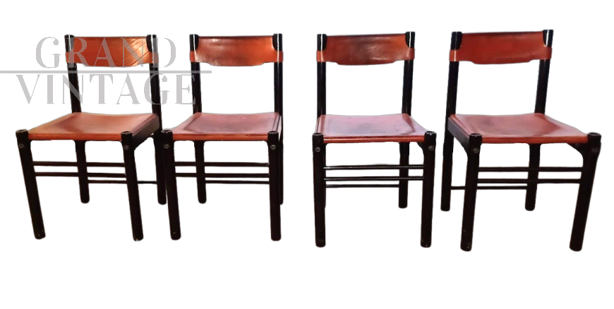 Set di quattro sedie Ibisco senza braccioli in cuoio marrone                            