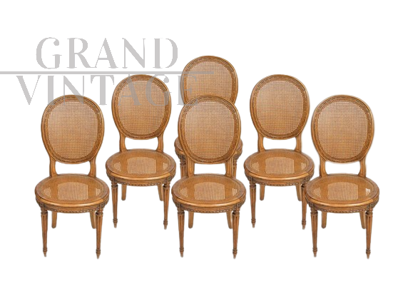 Set di sei sedie antiche Napoleone III in noce massello e paglia di Vienna                          