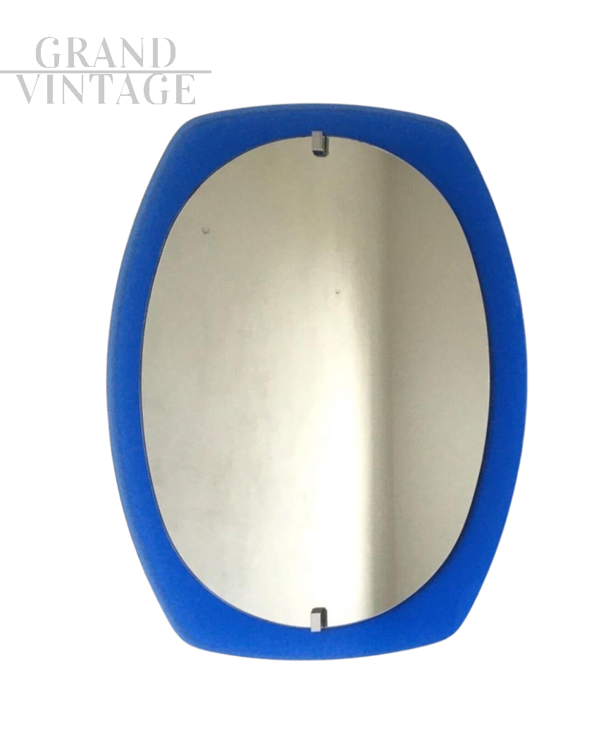 Specchio Veca anni '60 con sfondo in vetro blu                            