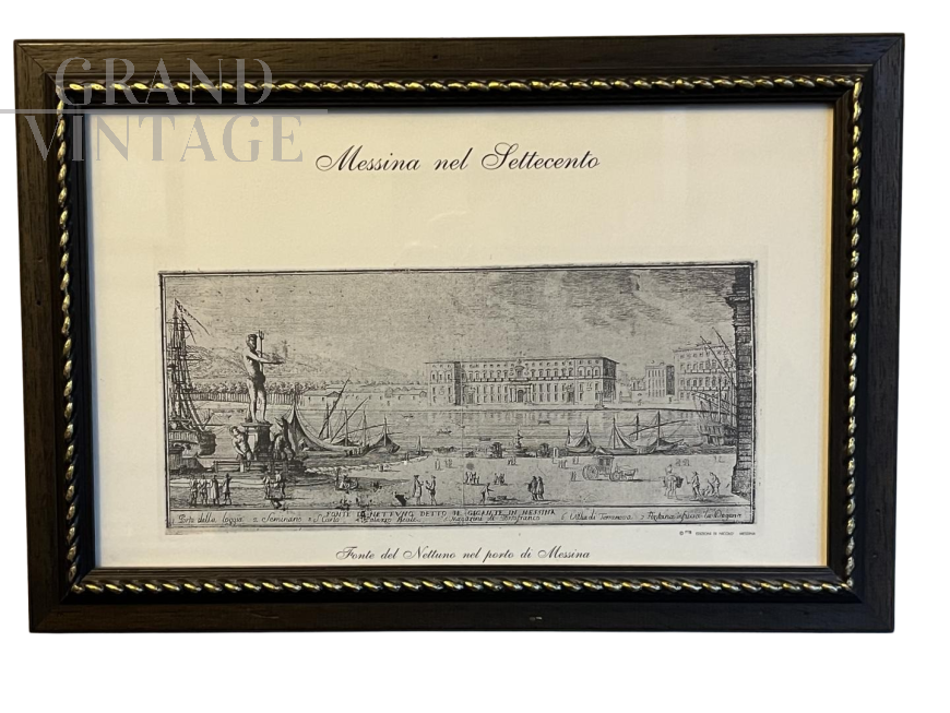 Stampa antica con la Fonte del Nettuno nel porto di Messina del '700