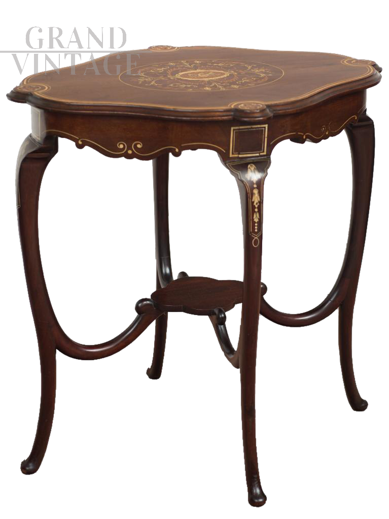 Tavolino antico di epoca Edoardiana in mogano massello con intarsi