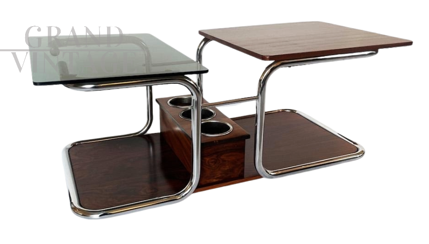 Tavolino carrellino vintage in vetro fumé, acciaio e legno con porta bottiglie