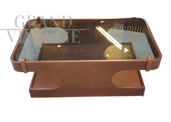 Tavolino da salotto vintage in teak con rotelle e piano in vetro                            