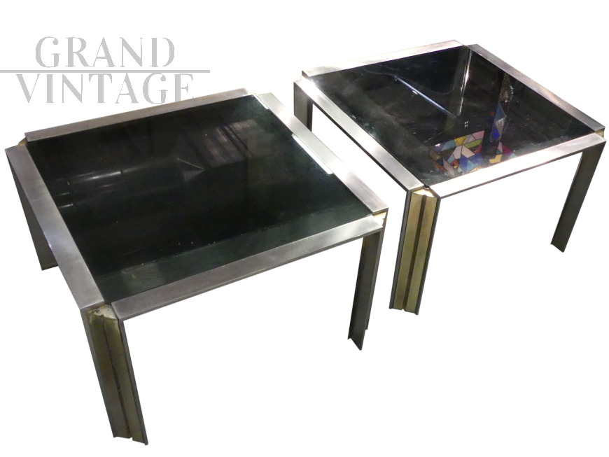 Tavolino in ottone e acciaio con vetro fumé, anni '60