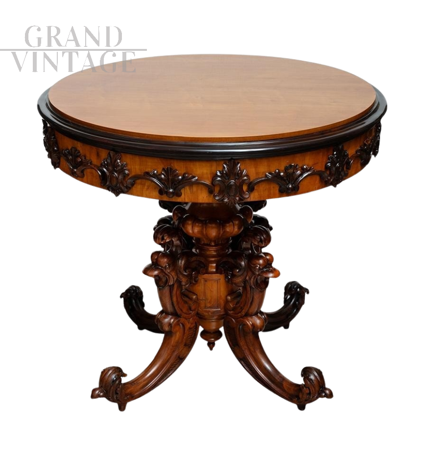 Tavolino rotondo antico Luigi Filippo Francese scolpito in acero e mogano                            