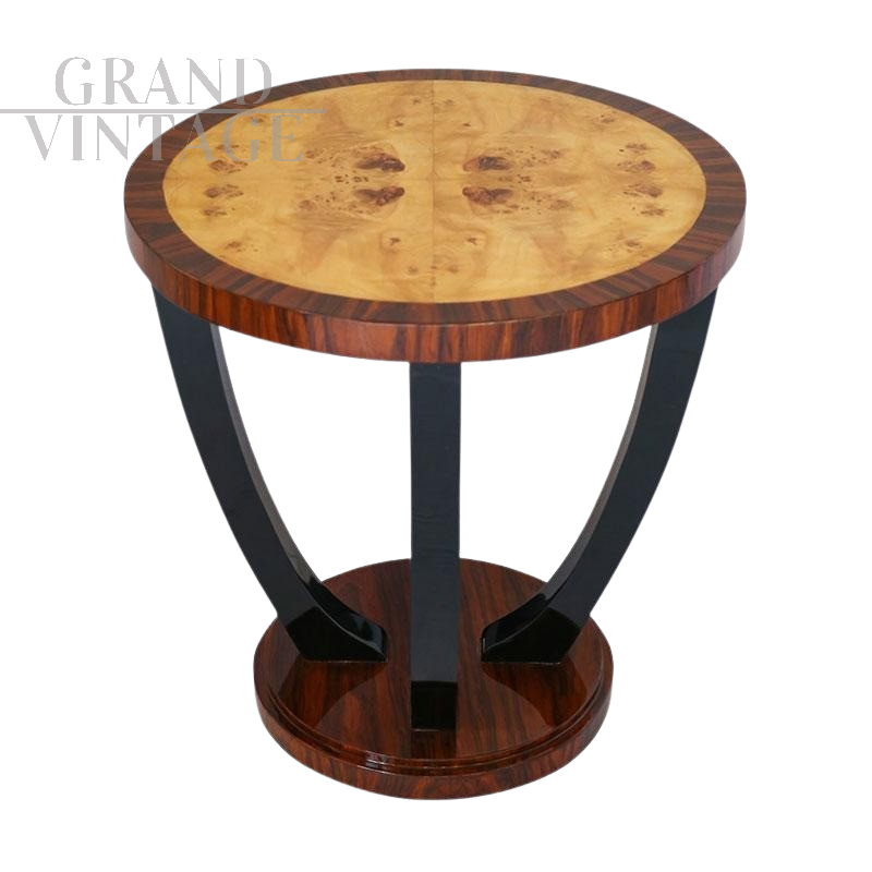 Tavolino rotondo in stile Art Déco in radica di betulla e palissandro                            