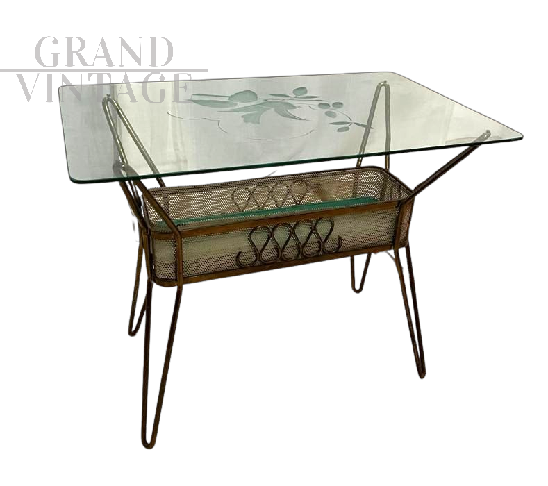 Tavolino vintage in ottone attribuito a Cesare Lacca per Fontana Arte, anni '50                            
