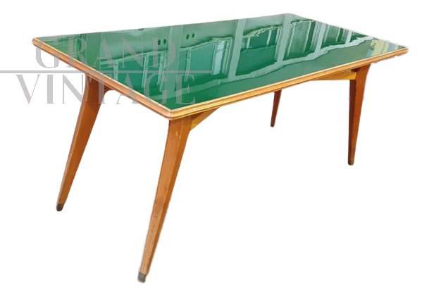 Tavolo da pranzo vintage con piano in vetro verde                            