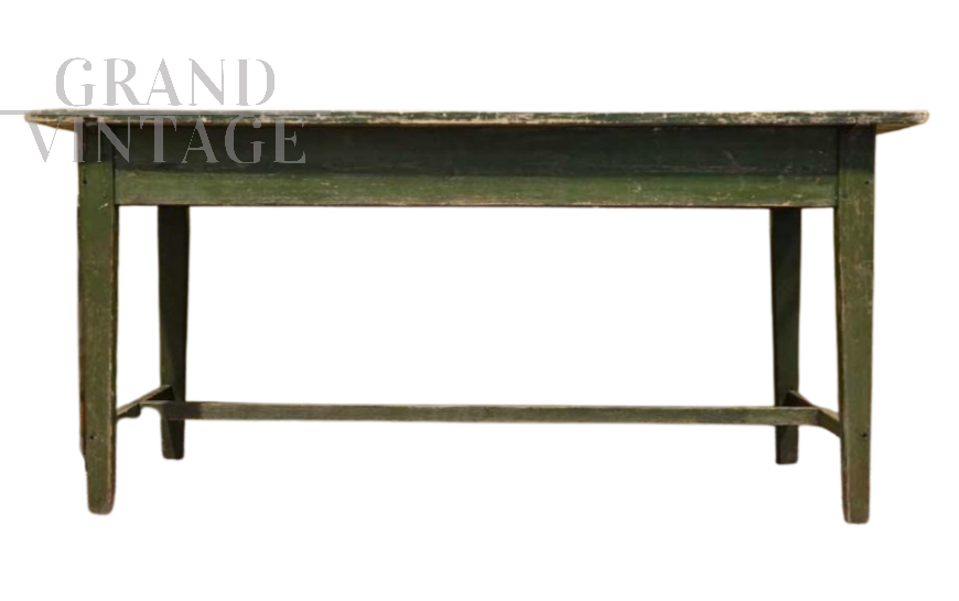 Tavolo vintage in legno verde con patina originale                            
