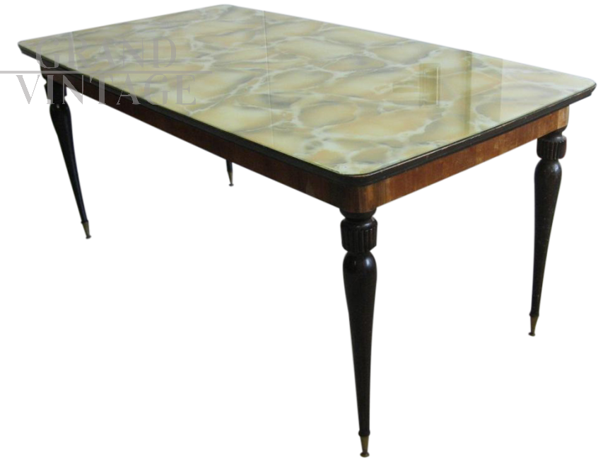 Tavolo vintage rettangolare anni '60 con piano in vetro marmorizzato