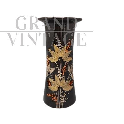 Vaso vintage in ceramica marrone dipinta a mano, Italia anni '70                            