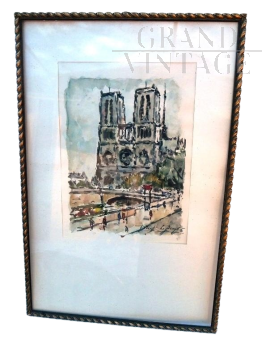 Acquerello di Robert Le Berger raffigurante la cattedrale di Notre-Dame                            