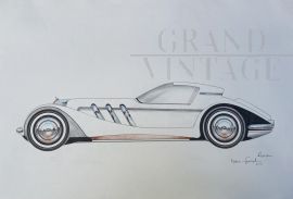 André Ferrand - Bozza di automobile Lagonda, disegno firmato                            