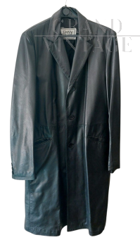 Cappotto lungo da uomo di Gianni Versace in pelle nera                            