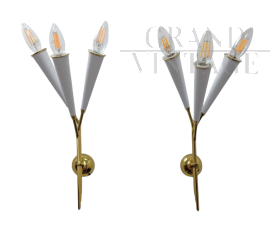 Coppia applique in ottone  a 3 luci, anni '60                            