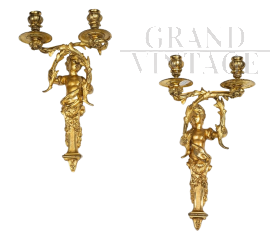 Coppia di applique antiche Napoleone III Francesi in bronzo dorato                            