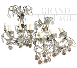 Coppia di appliques dei primi del '900 con gocce di cristallo                            