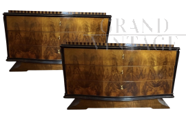 Coppia di cassettoni comò Art Déco in radica di noce                            