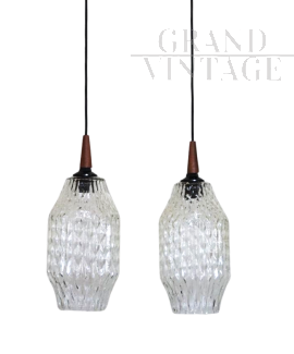 Coppia di lampade pendenti in vetro di Murano a rilievo anni '60                            