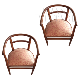 Coppia di poltroncine art déco a pozzetto anni '30 in tessuto rosa                            