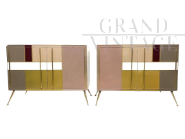 Credenza vintage anni '70 in vetro con colori pastello e ottone                            