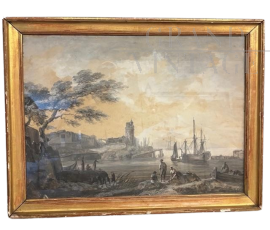 Dipinto antico a grisaglia su carta con scena portuale, XVIII secolo                            