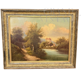 Dipinto antico di scuola austriaca con paesaggio fluviale, olio su tela del XIX secolo                            