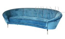 Divano curvo in velluto blu petrolio, anni '50                            