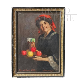 G. Somogyi - Dipinto di gitana con vassoio di frutta, XX secolo                            