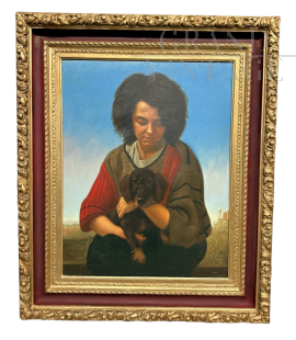 Giancarlo Pignataro, dipinto di ragazza con cagnolino, olio su tela del 1987                            