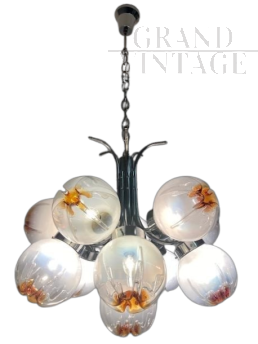 Grande lampadario design Mazzega con sfere di vetro e 12 luci, anni ‘70                            