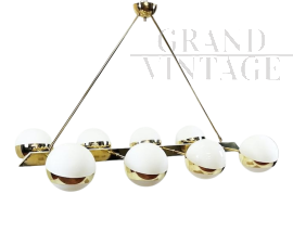 Grande lampadario orizzontale vintage in ottone e vetro                            