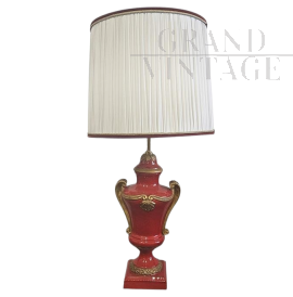 Lampada abat-jour in porcellana smaltata rossa e oro                            