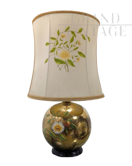 Lampada in ceramica dorata con decoro floreale di Ghinza, anni '70                            